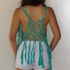 Tea n Cup Green & White Tie Dye Caged Back Sleeveless Top with Fringe